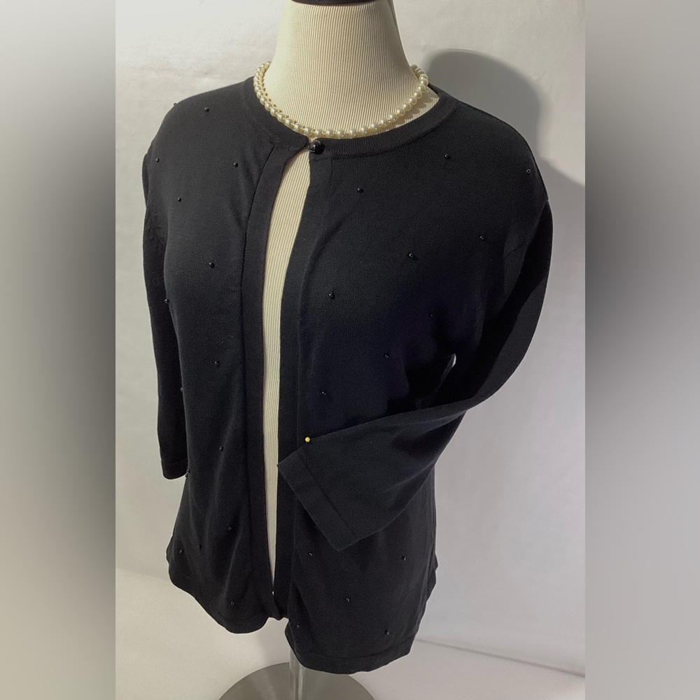 Wasserman Woman’s Cardigan Silk Blend Knit Size L Black w Beads 3/4 Sleeves